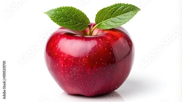 Fototapeta Vibrant red apple with subtle shine, delicate stem, and gentle leaf accents, isolated on a crisp white background, evoking freshness and healthy snacks.