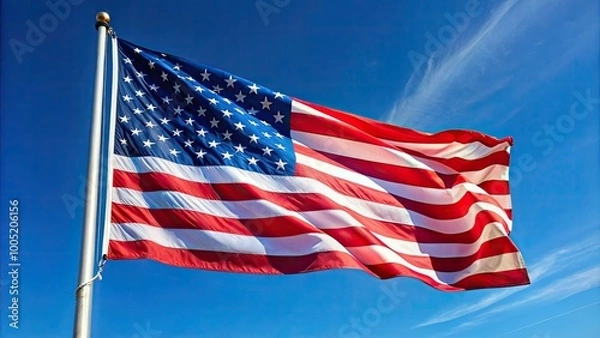 Fototapeta Vibrant Stars and Stripes waving against a clear blue sky, with subtle wrinkles and folds, symbolizing freedom and patriotism on a sunny day.