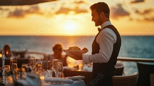 Obraz Elegant Waiter Serving Dinner on Cruise Deck at Sunset