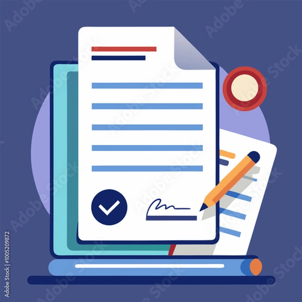 Fototapeta Contract documents pile vector illustration, flat cartoon stack of agreements document with signature and approval stamp, concept of paperwork, business doc