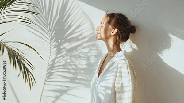 Fototapeta A woman stands with her eyes closed, bathed in the soft glow of sunlight streaming through a window, with the shadow of a palm tree cast on the wall behind her.