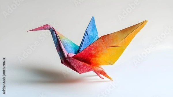 Fototapeta Delicately Crafted Origami Crane Folded from Colorful Paper, Isolated on an Empty Background