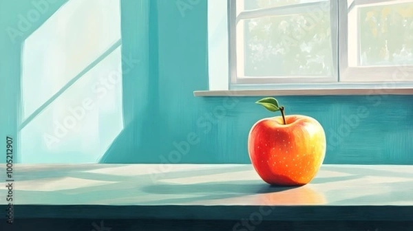 Fototapeta Glossy Red Apple with a Leaf on a Wooden Desk, Captured in a Illustration with a Subtle Shadow