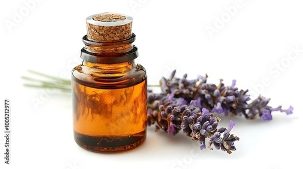Fototapeta Pure Relaxation: Glass Bottle of Lavender Essential Oil with a Fresh Sprig, Isolated on a White Background