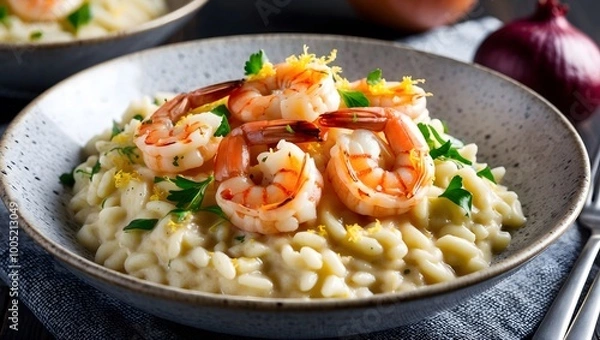 Fototapeta Delicious risotto with shrimps and grated lemon peel. Ai Generative.