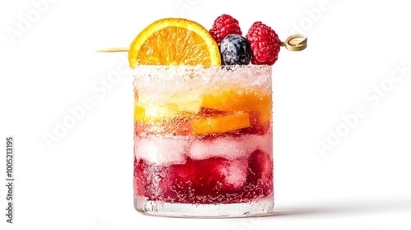 Fototapeta Tropical Refreshment: Close-Up of a Garnished Tropical Drink in a Glass, Isolated on White Background with Ample Copy Space
