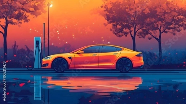 Fototapeta Future in Motion: Modern Electric Car Charging at a Station, Highlighting Sustainable Energy and Technology with Ample Copy Space