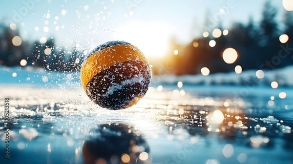 Fototapeta Close-Up of Ball Bouncing on Ice with Sunshine in the Background, Playful Winter Scene