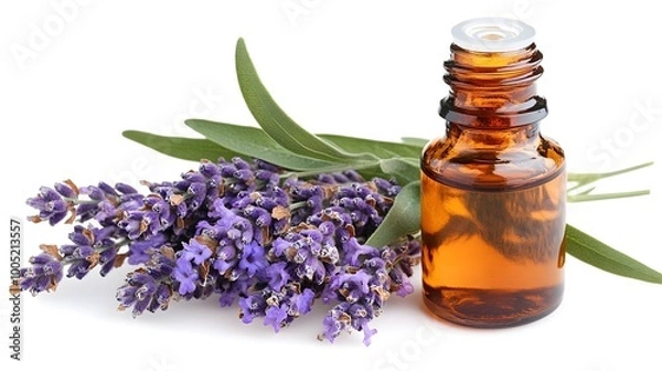 Fototapeta Pure Relaxation: Glass Bottle of Lavender Essential Oil with a Fresh Sprig, Isolated on a White Background