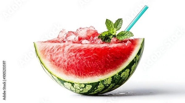Fototapeta Tropical Refreshment: Half Watermelon Served with Straw and Mint Sprig, Isolated on White