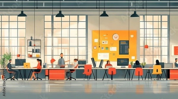 Fototapeta Illustration of Professional Meeting Room with People Discussing Charts and Graphs, Business Collaboration