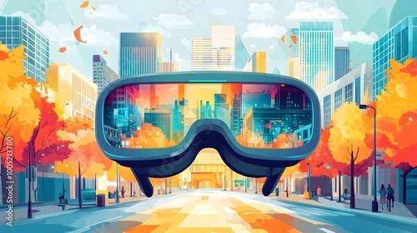 Fototapeta Close-Up of Futuristic Virtual Reality Headset with City in the Background, High-Tech Urban Scene