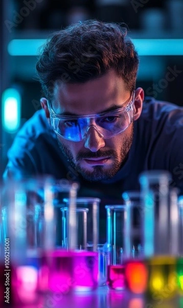 Fototapeta Scientist Working in Lab with Colorful Chemicals in Beakers