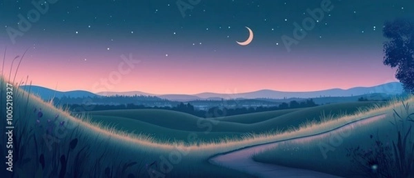 Fototapeta Serene Night Landscape with Crescent Moon, Stars, and Rolling Hills - Digital Illustration.