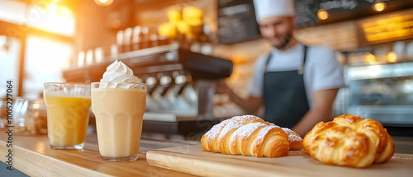 Fototapeta Delicious pastries and drinks displayed at a cozy cafe with a smiling barista in the background.