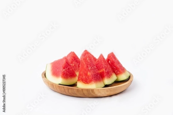 Fototapeta Whole watermelon and seeded slices seen front and top on a white background. Watermelon slices are red, seedy and juicy.