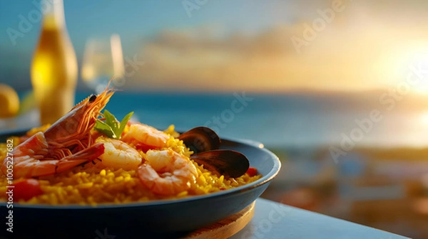 Fototapeta Delicious seafood dish with shrimp and mussels, perfect for seaside dining experience at sunset.