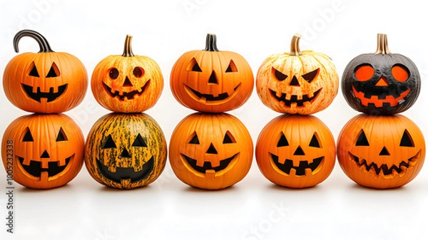 Fototapeta Set of scary Halloween pumpkins on light background, assorted different designs, mockup templates for artwork design, cool elements for your Halloween party invitation card, poster, banner, wallpaper.