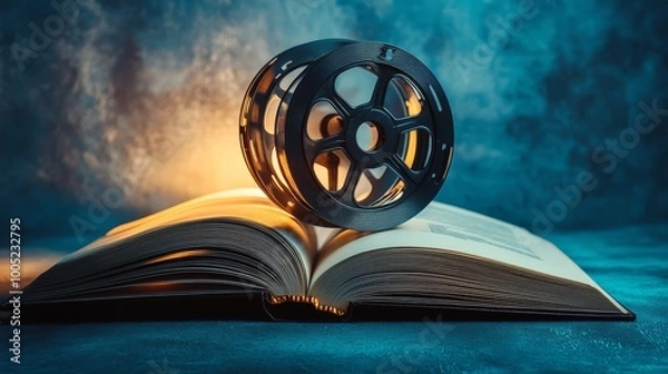 Fototapeta An open book with a film reel on top, symbolizing the connection between literature and film adaptation.