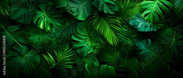 Obraz Lush green foliage background with various tropical leaves, creating a vibrant, natural feel.