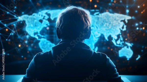 Fototapeta Person using a headset, looking at a digital globe with network connections, futuristic concept.