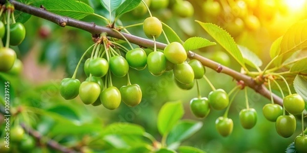 Fototapeta Closeup of green cherry tree branches with ripe berries in a garden , cherries, tree, branches, ripe, juicy, berries, garden