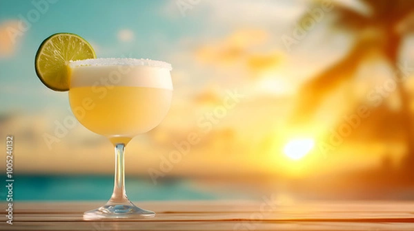Fototapeta Refreshing cocktail with lime slice, sunset backdrop at tropical beach.