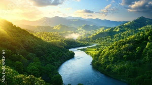 Fototapeta Experience serene beauty with flowing water, green hills, and lush treesa perfect escape into natures embrace.