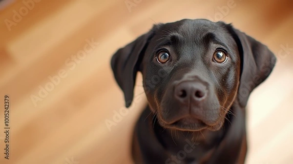 Fototapeta A curious black dog looks up at the camera with bright eyes, perfectly framed against a soft, blurred backdrop.