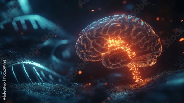 Fototapeta glowing brain with vibrant double helix intertwining, set against mystical background. luminous elements create captivating and futuristic atmosphere, evoking sense of wonder and exploration