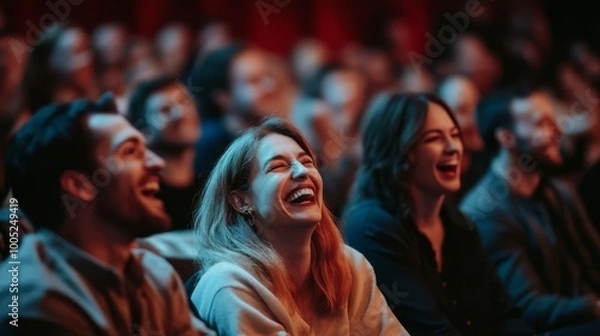 Fototapeta Engaged audience laughing and enjoying a live performance in a packed theater, capturing the joy and energy of the event.