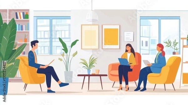 Fototapeta Modern office interior with people working and relaxing in a bright environment.