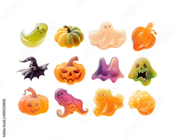 Fototapeta Set colorful Halloween candy and gummy sweets over a white background