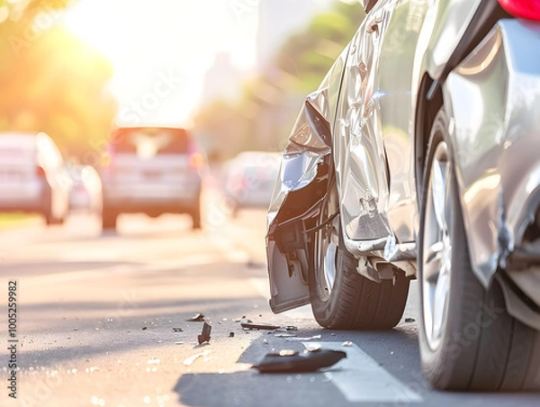 Obraz damaged silver car with dents and cracks from accident is parked on roadside, surrounded by other vehicles. sunlight creates warm atmosphere, highlighting scenes emotional impact