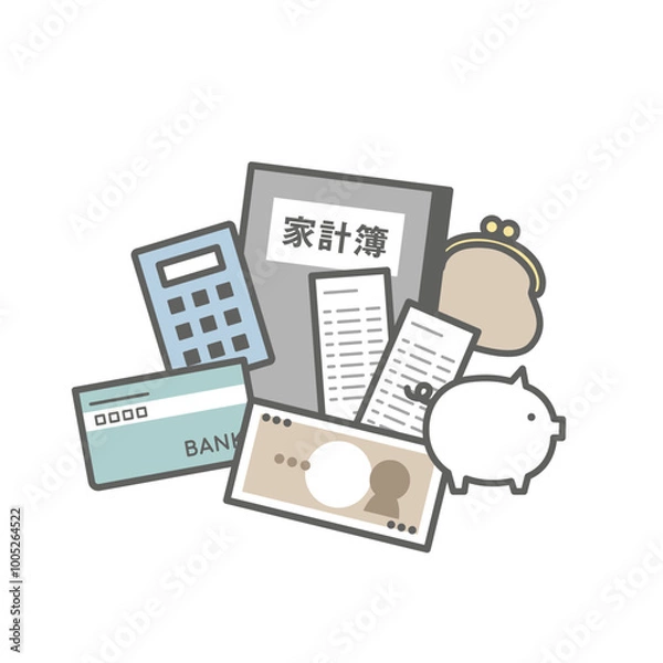 Obraz お金と家計簿、電卓、通帳、お財布、レシート、貯金箱のイラスト