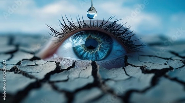 Fototapeta Abstract depiction of dry eyes, with a single drop falling onto a cracked, desert-like surface, dry eye concept, discomfort relief
