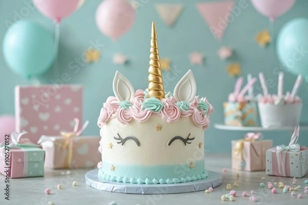 Fototapeta Unicorn-Themed Birthday Cake with Gold Horn and Pastel Decor