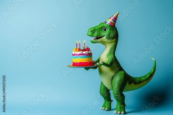 Fototapeta A green dinosaur wearing a party hat holds a colorful birthday cake with lit candles on a blue background.