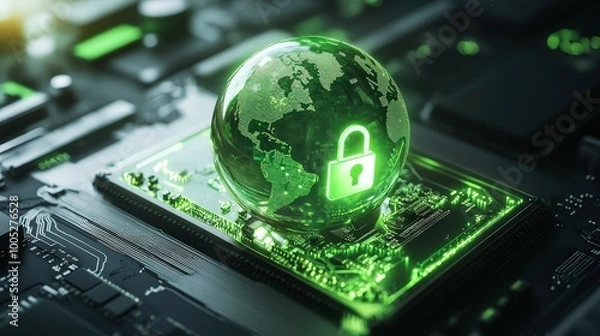 Fototapeta A glowing green globe surrounded by a translucent digital padlock, set against a high-tech circuit board background, symbolizing global cybersecurity resilience and digital protection 