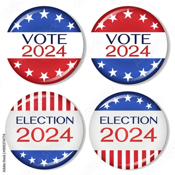 Obraz 2024 United States of America presidential election pinback button design template set. Voting 2024 vector illustration icon isolated on white background.