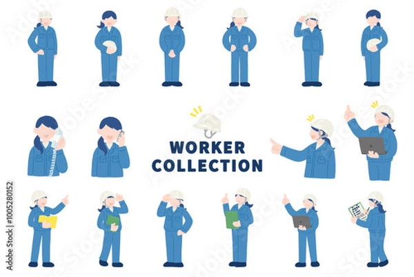 Fototapeta いろいろなポーズをしたヘルメット・作業服の女性のフラットなイラスト(セット)
