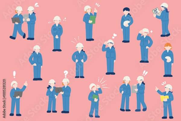 Fototapeta ヘルメット・作業服の女性と簡単な気分アイコンのフラットなイラスト(セット)
