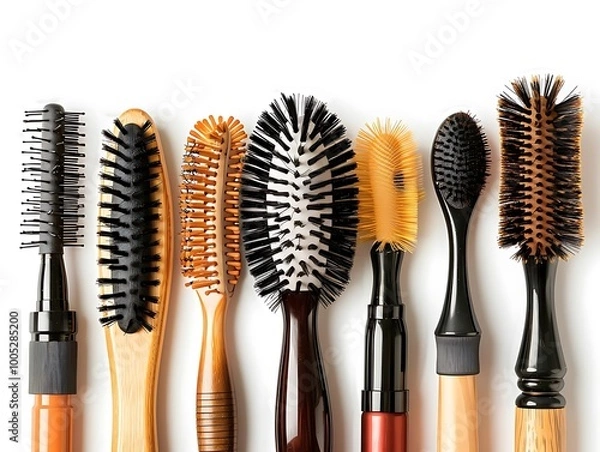 Fototapeta A collection of various hairbrushes arranged in a row for styling and grooming purposes.