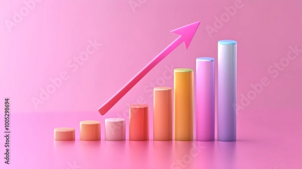 Obraz Colorful bar graph with upward arrow, symbolizing growth and progress. vibrant colors and smooth shapes create modern and optimistic feel. 