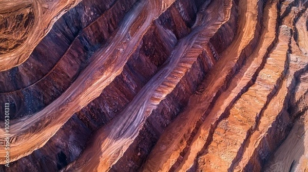 Obraz Aerial view of a large open pit mine with layers of excavated earth.