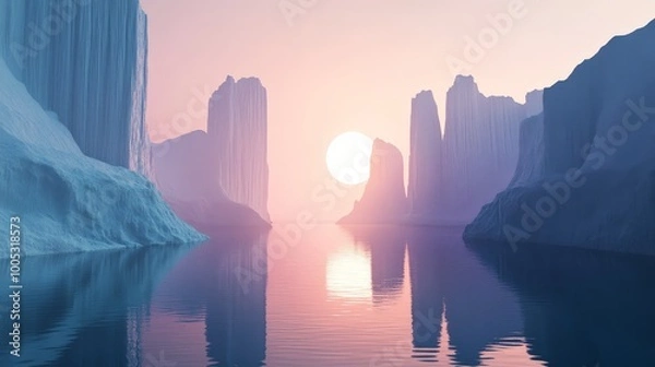 Fototapeta 3D render of a futuristic landscape with dramatic cliffs and tranquil water, set against a modern minimal abstract background with sunset light