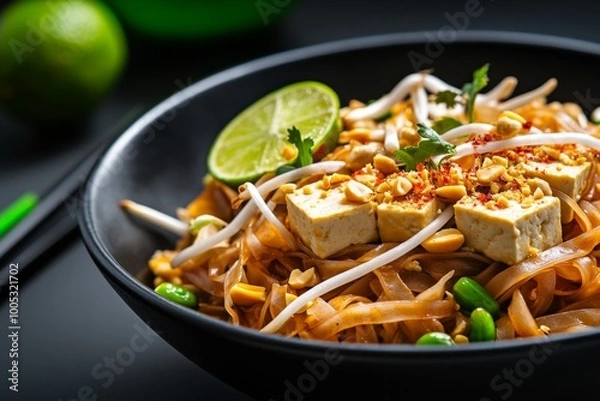 Fototapeta A close-up of a vegetarian pad Thai dish, with tofu, bean sprouts, and peanuts, served hot and garnished with lime and chili powder during the Vegetarian Festival.