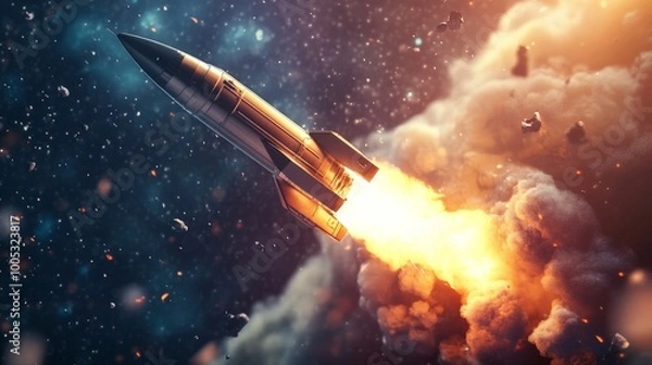 Obraz 3D render of a space rocket launch, featuring realistic fire and smoke effects as the rocket begins its ascent into space