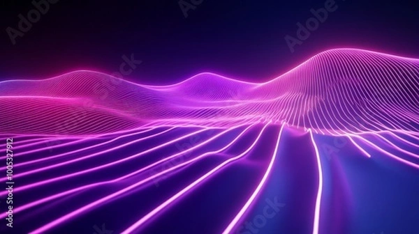 Fototapeta 3D render of an abstract panoramic scene with neon lines in purple, violet, and pink glowing brightly in ultraviolet illumination