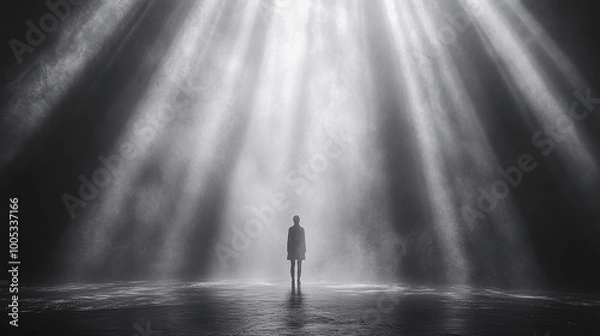 Obraz silhouette of woman in fog with light rays - dramatic black and white scene